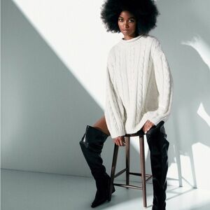 MANGO Off White Ivory Braided Wool Cozy White Cable Knit Sweater S